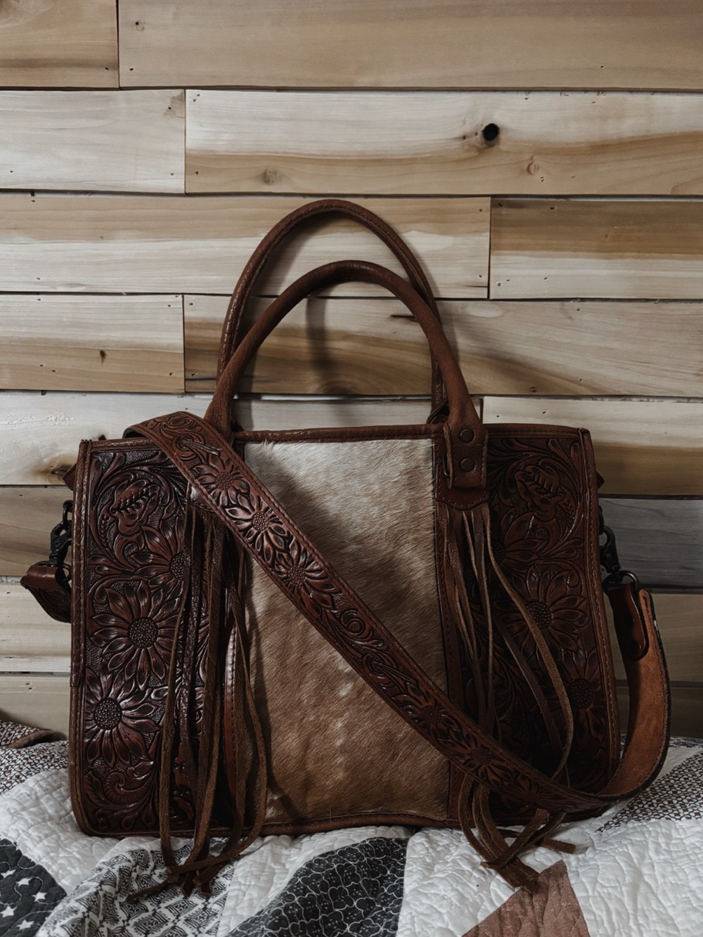 Handcrafted Brown Tooled Leather purse with Hair-On Hide